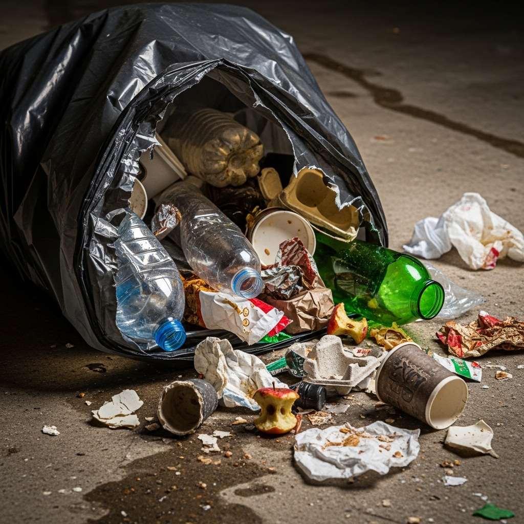 Порванный мусорный пакет с рассыпанным мусором на полу